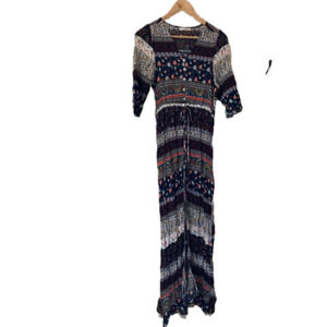 R. Vivimos button down boho maxi dress split skirt tab sleeves hobo chic print